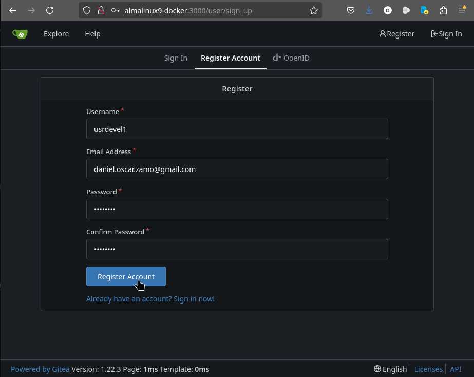 Gitea - registrar usuario